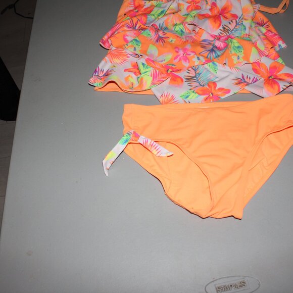 Tropical Orange 2 Pcs Justice Tankini Swimsuit Size 16 - Picture 2 of 10